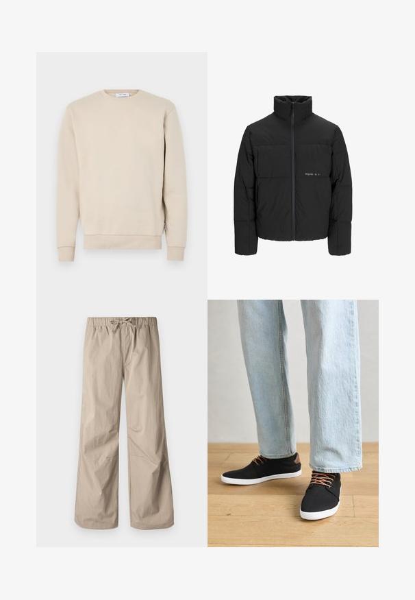 Černá péřová bunda s vysokým límcem, předním zipem a prošívaným designem. Hladká tkanina se subtilním logem na hrudi.; Béžová bavlněná mikina s kulatým výstřihem, žebrovanými manžetami a lemem a měkkou texturou. Bez viditelných grafik nebo vzorů.; Béžové kalhoty širokého střihu s elastickým pasem a stahovací šňůrkou. Hladký materiál, dvě boční kapsy a minimální švy pro uvolněný fit.; Černé plátěné tenisky s hnědými detaily, bílé gumové podrážky a hnědé tkaničky, v kombinaci s světle modrými džíny rovného střihu. Pozadí tvoří dřevěná podlaha.