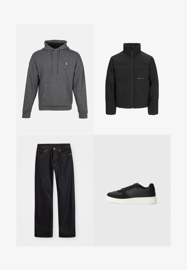 Giubbotto bomber nero con colletto alto, chiusura frontale con zip e design trapuntato. Tessuto liscio con un logo discreto sul petto.; Felpa grigia con un design a punto waffle testurizzato. Presenta una tasca frontale, un cappuccio regolabile con cordini e un piccolo logo ricamato.; Jeans neri in denim dritto da uomo con cinque tasche e cuciture arancioni, chiusura con bottone e zip sulla vita anteriore.; Sneaker nera bassa con pelle texture e pannelli in suede, suola in gomma bianca e lacci neri su uno sfondo chiaro e semplice.