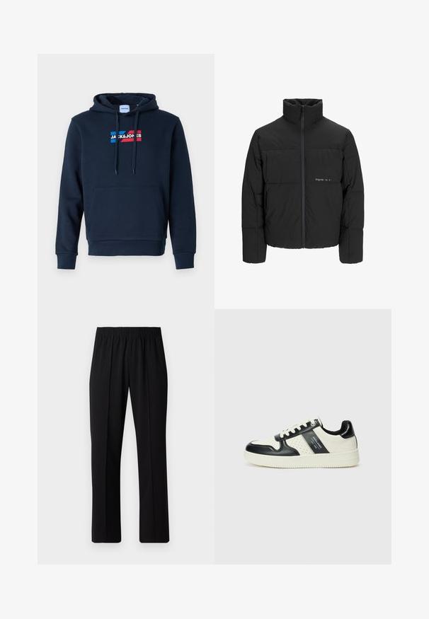 Sort dunjakke med høj krave, frontlynlås og quiltet design. Glat materiale med en diskret logo på brystet.; Mørkeblå hoodie med en forreste kængurulomme, hætte med snor og logo i rød og blå. Den har en blød, glat tekstur og ribbede manchetter.; Sorte bukser med elastisk talje og lige ben, der har en glat tekstur og ingen synlige mønstre eller hardware.; Lædersneakers i sort og creme farveskema, med perforerede detaljer, en polstret krave og en struktureret ydersål.