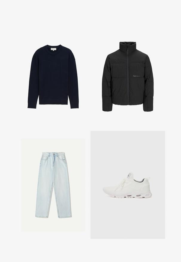 Crna puffer jakna s visokim ovratnikom, prednjim zatvaračem i kviltanim dizajnom. Glatka tkanina s suptilnim logotipom na prsima.; Tamno plava dugouha pulover s rebrastim okovratnikom i manžetama, prikazan na običnoj bijeloj pozadini.; Svijetloplave traperice s opuštenim krojem, ravnim nogavicama, pet džepova i suptilnim izbljeđivanjem na tkanini.; Bijele atletske tenisice s gornjim dijelom od teksturiranog pletenog materijala, ravnim vezicama i jastučićem u potplatu s vidljivim zračnim komorama radi dodatne potpore.