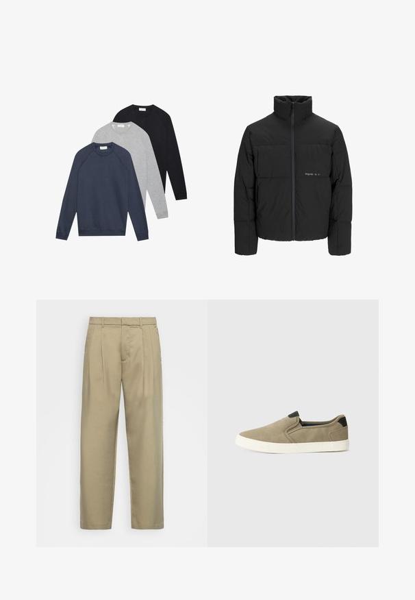 Melnā pūka jaka ar augstu apkakli, priekšējo rāvējslēdzēju un quilted dizainu. Gluda auduma virsma ar maigu logotipu uz krūšu daļas.; Trīs garu piedurkņu kreklu sporta jaku ar apaļu kaklu, krāsās: navy, gaiši pelēka un melna, sakārtotas un novietotas plakni uz baltā fona.; Bēša, augstās jostas bikses ar taisnu piegriezumu, ar plakanu priekšpusi, sānu kabatām un gludu, teksturētu audumu.; Taupe krāsas slip-on apavi ar teksturētu auduma virsu, kontrastējošu melnu papēdi un baltu gumijas zoli. Perforēta konstrukcija gaisa caurlaidībai.