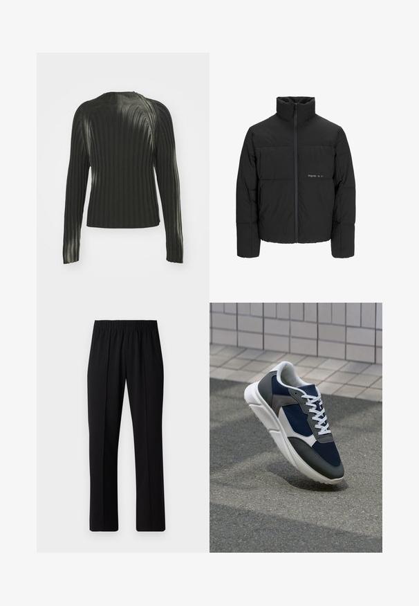 Juodas pūkinis švarkas su aukštu apykakle, priekiniais užtrauktukais ir kvadratinės siuvimo dizainu. Lygus audinys su subtiliu logotipu krūtinėje.; Juodas raukšlėtas megztinis su ilgomis rankovėmis, turintis apvalų iškirpimą ir struktūrinį raštą per visą audinį. Paprastas ir prigludęs dizainas.; Juodos, elastingos juosmens kelnės su tiesiomis kojomis, turinčios lygų paviršių ir be matomų raštų ar detalių.; Sportiniai bateliai su tamsiai mėlynu tinkliniu viršumi, pilkais zomšiniais akcentais, balta guma padanga ir plokščiomis baltomis raištelėmis, sukurti komfortui ir oro pralaidumui.