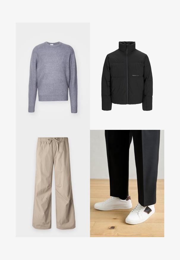 Svart boblejakke med høy krage, frontåpning med glidelås og kviltet design. Glatt stoff med en subtil logo på brystet.; Lys grå strikket genser med rund hals og lange ermer. Myk tekstur og en noe cropped passform. Ingen synlige mønstre eller feste.; Beige vide bukser med elastisk talje og snøre. Glat tekstur, to sidelommer og minimale syninger for en afslappet pasform.; Hvite sneakers med glatt tekstur, med brune skinnakenter og svart detaljer, parret med svarte skreddersydde bukser. Bakgrunn med tregulv.