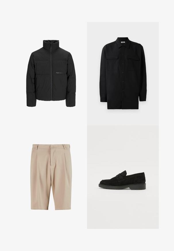 Sort dunjakke med høj krave, frontlynlås og quiltet design. Glat materiale med en diskret logo på brystet.; Sort skjorte med knapper lavet af glat stof, med klassisk krave, to frontlommer og lange ærmer med knapmanchetter.; Beige skræddersyede shorts med plisseringer, der har en knaplukning og klassisk design. Glat tekstur, knælængde og ingen synlige lommer.; Sorte ruskinds loafers med en lav hæl, der har et enkelt bånd over det øverste og teksturerede detaljer langs siderne.