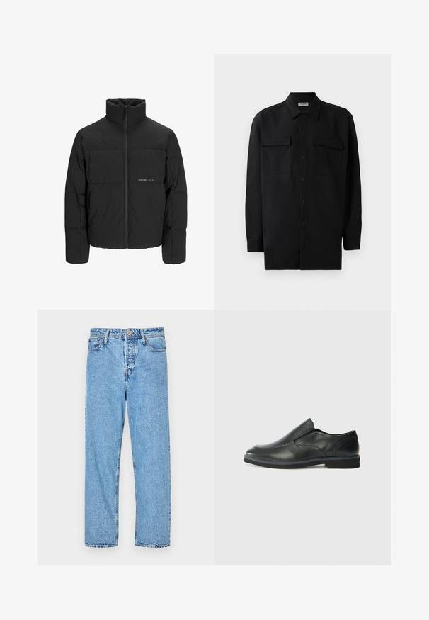 Mustra musta puffer-jakk, millel on kõrge krae, eesne tõmblukku ja tikandiga disain. Sile kangas, millel on rindkeres diskreetne logo.; Mustmust värvi nööpidega särk, mis on valmistatud sujuvast kangast, klassikalise kraega, kahe eesmise tasku ja pikkade varrukatega, millel on nööpidega mansetid.; Heledad sinise denimi teksad, mis on otse jala disainiga, viie taskuga stiilis, nähtava õmblusega ning nööbi ja tõmbluku sulgemisega.; Must musta laia suuga king, millel on sile ülemine osa, õmmeldud detailid, ümmargune nina ja madal kummist konts. Tallal on minimaalne mustr.