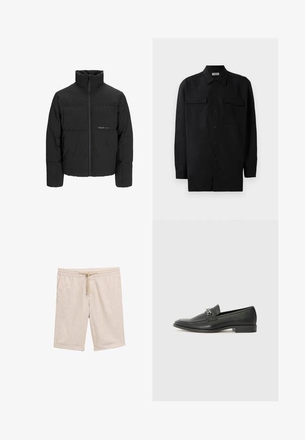 Crna puffer jakna s visokim ovratnikom, prednjim zatvaračem i kviltanim dizajnom. Glatka tkanina s suptilnim logotipom na prsima.; Crna košulja s dugim rukavima od glatkog materijala, s klasičnom kragnom, dva prednja džepa i dugmadima na manžetama.; Bež šorts od mješavine pamuka s elastičnim pojasom, detaljem šnurse i preklopljenim rukavima. Glatka tekstura, bez uzoraka i hardvera.; Crna kožna loafer cipela s glatkom finišem, s ušivenim uzorkom i dekorativnim metalnim lancem preko prednjeg dijela. Ravni potplat.