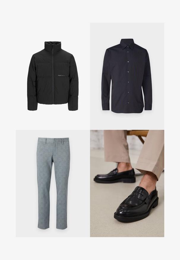 Sort dunjakke med høj krave, frontlynlås og quiltet design. Glat materiale med en diskret logo på brystet.; Marine skjorte med lodrette brune striber, lange ærmer, knap-down krave og seks knapper foran, med en glat stoftekstur.; Grå strukturerede bukser med et subtilt ternet mønster. Har en knaplukning og lige ben-design, lavet af et let stof.; Sorte lædermokkasiner med en glat overflade, der har en dekorativ rem og kontraststing, parret med beige bukser.