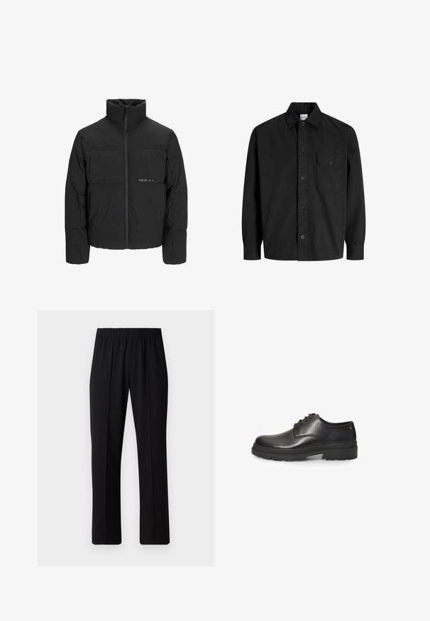 Juodas pūkinis švarkas su aukštu apykakle, priekiniais užtrauktukais ir kvadratinės siuvimo dizainu. Lygus audinys su subtiliu logotipu krūtinėje.; Juodas ilgarankovis marškiniai su apykakle ir viena krūtinės kišenė su mygtukiniu dangteliu.; Juodos, elastingos juosmens kelnės su tiesiomis kojomis, turinčios lygų paviršių ir be matomų raštų ar detalių.; Bata Suvarstomi - Black