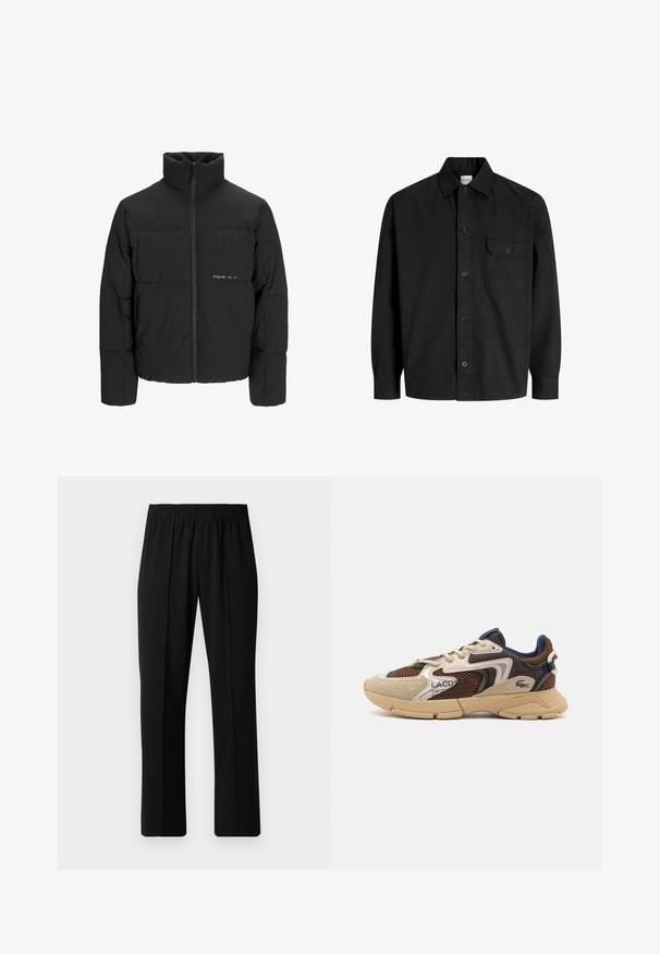 Svart boblejakke med høy krage, frontåpning med glidelås og kviltet design. Glatt stoff med en subtil logo på brystet.; Svart langermet skjorte med knapper, krage og en enkelt brystlomme med en knappelukking på klaffen.; Svart, elastisk midjebukser med rett ben-design, med en glatt tekstur og uten synlige mønstre eller maskinvare.; Beige og brun sneaker med teksturerte mesh-paneler, semsket skinndetaljer, og gummisåle. Har snøring og merkeinformasjon.