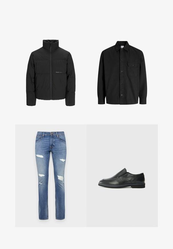 Črni pufast plašč z visokim ovratnikom, sprednjim zadrgo in prešitjem. Gladka tkanina z diskretnim logotipom na prsih.; Črna dolga srajca s poudarjeno zapenjanjem in ovratnikom, ki ima en sam žep na prsih s pokrovčkom na gumb.; Modri kavbojki iz denima z nekoliko zbledelim videzom, ki imajo več raztrganin in ravno krojen dizajn. Zapiranje na gumb pri pasu.; Črne usnjene natikače z gladkim zgornjim delom, prišitimi detajli, zaobljenim nosom in nizkim gumijastim petkom. Podplat ima minimalen profil.