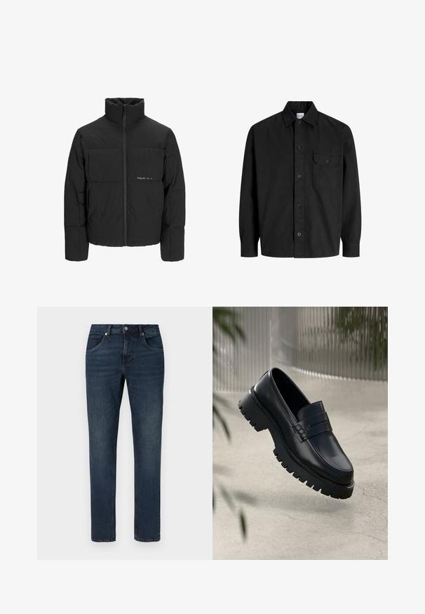 Černá péřová bunda s vysokým límcem, předním zipem a prošívaným designem. Hladká tkanina se subtilním logem na hrudi.; Černá košile s dlouhým rukávem a knoflíkovým zapínáním, s límečkem a jednou náprsní kapsou, která má knoflíkový klapku.; Tmavě modré úzké džíny z denimu s předními a zadními kapsami, zapínáním na knoflík a jemným vyblednutím po celém materiálu.; Černé kožené mokasíny s robustní podrážkou, s ozdobným páskem a detailem prošívání. Hladký povrch s lesklým finišem.