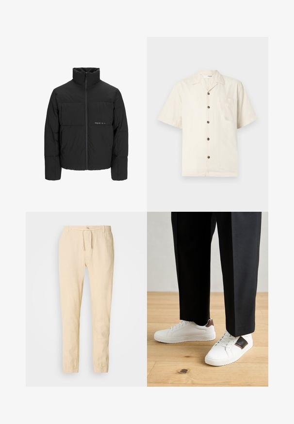 Giubbotto bomber nero con colletto alto, chiusura frontale con zip e design trapuntato. Tessuto liscio con un logo discreto sul petto.; Camicia a maniche corte color avorio, realizzata in tessuto leggero, con colletto a revers, taschino sul davanti e bottoni marroni scuri.; Pantaloni in lino beige chiaro con vita regolabile, gambe affusolate e polsini elastici. Design semplice con una texture sottile.; Sneakers bianchi dalla texture liscia, con dettagli in pelle marrone e particolari neri, abbinati a pantaloni neri su misura. Sfondo in parquet.