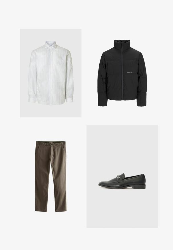 Giubbotto bomber nero con colletto alto, chiusura frontale con zip e design trapuntato. Tessuto liscio con un logo discreto sul petto.; Camicia bianca a maniche lunghe con strisce verticali blu, con bottoni e colletto classico. Realizzata in tessuto liscio, presenta una vestibilità su misura.; Chino in cotone marrone con design a gamba dritta, tasche frontali e chiusura con bottone. Presentano una consistenza liscia e linee pulite.; Mocassino in pelle nera con finitura liscia, caratterizzato da un design cucito e da un accento decorativo in catena metallica sul vamp. Tacco piatto.