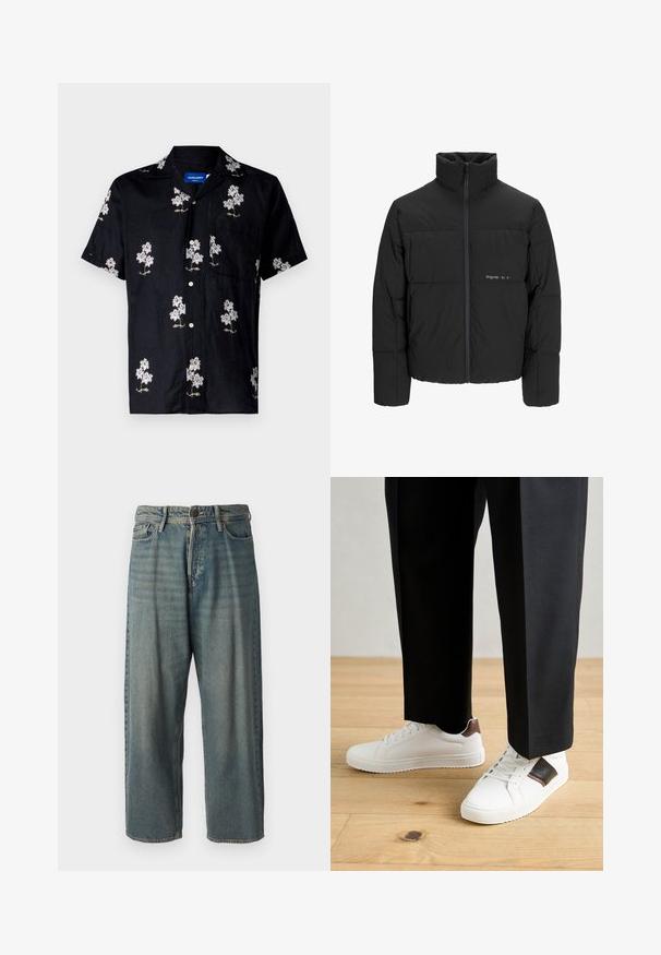 Melnā pūka jaka ar augstu apkakli, priekšējo rāvējslēdzēju un quilted dizainu. Gluda auduma virsma ar maigu logotipu uz krūšu daļas.; Melna īsām piedurknēm krekls ar ziedu baltu un zeltu izšuvuma rakstu, pogu aizdari un krūšu kabatu. Texturēta auduma.; Gaiši zili džinsi ar brīvu piegriezumu, vidējo jostas augstumu un taisnām kājām. Satur piecas kabatas, jostas cilpas un pogu aizdari.; Baltā pārsoļa apavi ar gludu tekstūru, papildināti ar brūniem ādas akcentiem un melniem elementiem, savienoti ar melnām pielāgotām biksēm. Koka grīdas fons.