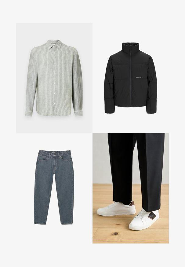 Čierna puffová bunda s vysokým golierom, predným zipsom a prešívaným dizajnom. Hladká tkanina s jemným logom na hrudi.; Svetlozelená prúžkovaná košeľa s dlhým rukávom vyrobená z ľanu. Obsahuje golier, zapínanie na gombíky a jemné vertikálne pruhy pre textúru.; Tmavomodré denimové nohavice s uvoľneným strihom, päť vreciek, zapínanie na gombík a mierne roztrhnutý lem. Odolný materiál s jemnou textúrou.; Biele tenisky s hladkým povrchom, s hnedými koženými akcentmi a čiernymi detailmi, spárované s čiernymi elegantnými nohavicami. Pozadím je drevená podlaha.