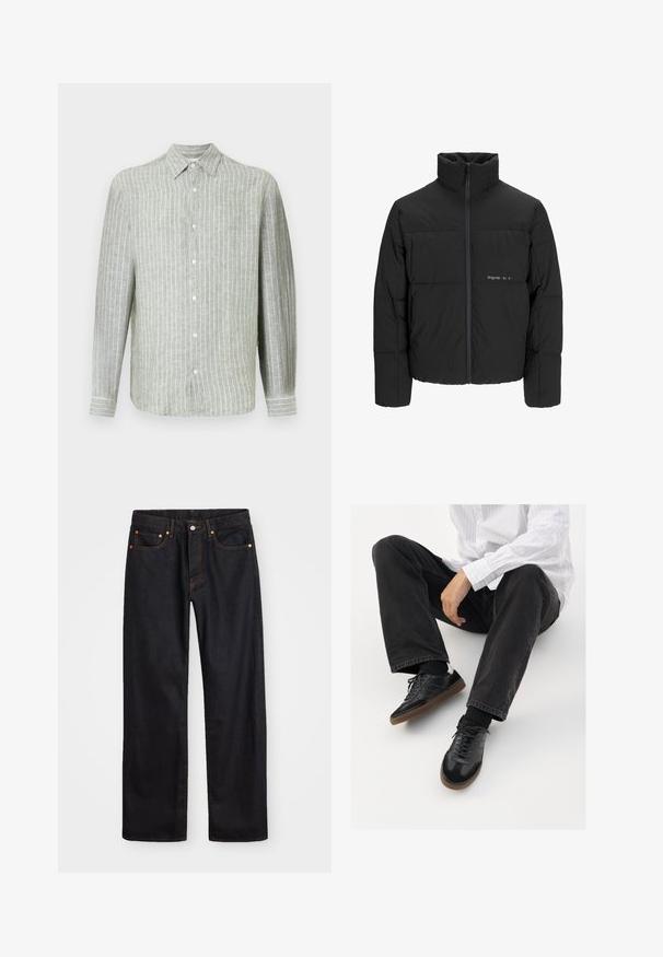 Mustra musta puffer-jakk, millel on kõrge krae, eesne tõmblukku ja tikandiga disain. Sile kangas, millel on rindkeres diskreetne logo.; Hele rohelise triibuga pika varrukaga linane särk. Omab kraega kaelust, esimest nööbist sulgemist ja õrna vertikaalset triibustust tekstuuri jaoks.; Meeste sirge jala mustad denim teksad viie taskuga, oranž õmblus, nupu ja tõmblukuga ees nagu vöökoht.; Mustad spordijalatsid siledast ja tekstuurilisest ülemisest osast, millel on kummist tald ja tumedad nöörid. Kombineeritud mustade teksade ja valge triibulise särgiga.