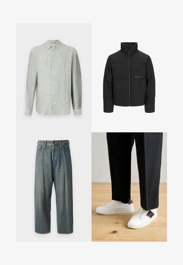 Black puffer jacket featuring a high collar, front zip closure, and quilted design. Smooth fabric with a subtle logo on the chest.; Light green striped long-sleeve shirt made of linen. Features a collared neckline, front button closure, and subtle vertical stripes for texture.; Light blue denim jeans with a loose fit, mid-rise waist, and straight legs. Features five pockets, belt loops, and a button closure.; White sneakers with smooth texture, featuring brown leather accents and black detailing, paired with black tailored pants. Wooden floor background.