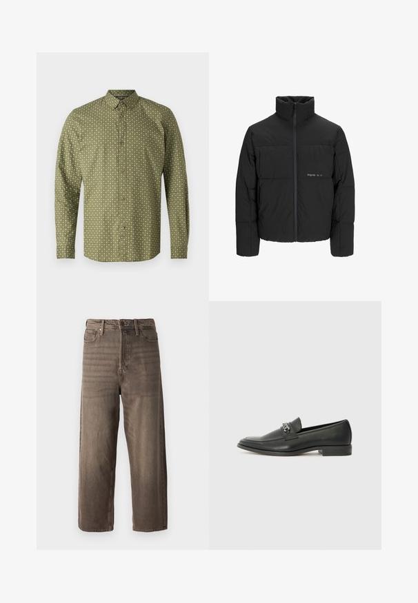 Czarna kurtka puchowa z wysokim kołnierzem, z przodu na zamek błyskawiczny i pikowanym wzorem. Gładki materiał z subtelnym logo na piersi.; Zielona koszula z długim rękawem i kołnierzykiem, w białe wzory w postaci plusów oraz brązowymi guzikami z przodu. Gładka faktura.; Czekoladowe dżinsy o szerokich nogawkach wykonane z denimu. Posiadają zamek błyskawiczny, szlufki na pasek oraz pięć kieszeni. Tkanka ma wyblakły, teksturowany wygląd.; Czarne skórzane mokasyny o gładkim wykończeniu, z haftowanym wzorem i dekoracyjnym akcentem z metalowego łańcucha na wierzchu. Płaska pięta.