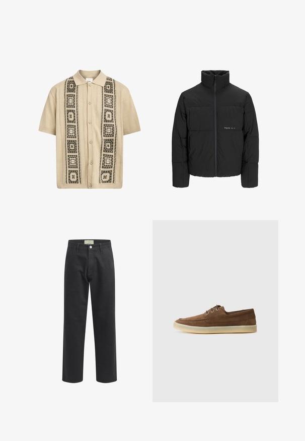 Jachetă puffer neagră, cu guler înalt, închidere cu fermoar pe față și design matlasat. Material neted cu un logo subtil pe piept.; Cămașă bej cu mânecă scurtă și închidere cu nasturi, cu modele geometrice decorative verzi și negre pe față și detalii tricotate texturate.; Pantaloni negri din bumbac cu un design drept, dotati cu o inchidere cu buton, buzunare frontale si un eticheta la talie.; Pantofi din suede maro cu un profil jos, design cu sireturi, talpă din cauciuc și detalii de cusătură contrastante. Stil simplu și funcțional.