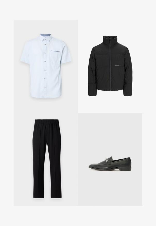Schwarze Pufferjacke mit hohem Kragen, Front-Reißverschluss und gestepptem Design. Glattes Material mit dezentem Logo auf der Brust.; Hellblaues Kurzarmhemd aus weichem Stoff, mit Knopfleiste, einer einzelnen Brusttasche und einem kontrastierenden Kragen-Detail.; Schwarze, Gummibund-Hosen mit geradem Schnitt, die eine glatte Textur aufweisen und keine sichtbaren Muster oder Beschläge haben.; Schwarzer Lederloafer mit glatter Oberfläche, ausgestattet mit einer gesteppten Gestaltung und einem dekorativen Metallkettendetail über dem Vorderblatt. Flacher Absatz.