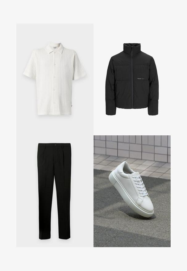 Mustra musta puffer-jakk, millel on kõrge krae, eesne tõmblukku ja tikandiga disain. Sile kangas, millel on rindkeres diskreetne logo.; Lühikeste varrukatega valge särk, millel on tekstureeritud sooniku muster. Omab teravat kraed ja kuus nuppu ees sulgemiseks.; Mustad kohandatud pükste sirge säärega, lame ees, kahe voldiga, nööbiga kinnitamine ja küljetaskud. Valmistatud sileda materjali. ; Valge nahkline sneka, millel on sile pind, ümar varvas ja lame valge pael. Omab tekstuuriga kummist talla ja minimaalset kujunduselementi.