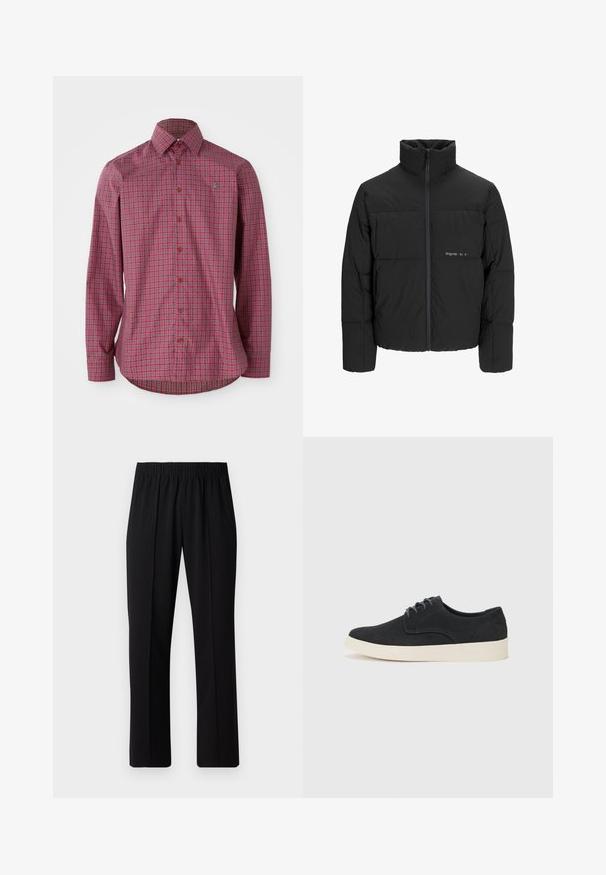 Melnā pūka jaka ar augstu apkakli, priekšējo rāvējslēdzēju un quilted dizainu. Gluda auduma virsma ar maigu logotipu uz krūšu daļas.; Sarkans pārbaudīts ilgajām piedurknēm krekls ar pogām uz apkakles, brūnām pogām un izliekto apakšmalu, izgatavots no austas kokvilnas auduma.; Melni elastīgi bikses ar taisnas kājas dizainu, ar gludu tekstūru un bez redzamām zīmēm vai detaļām.; Melna zamšā ar auklēm, ar noapaļotu purngalu, viegla krēmkrāsas zole un smalki zila šuvēšana akcentos augšējā daļā.