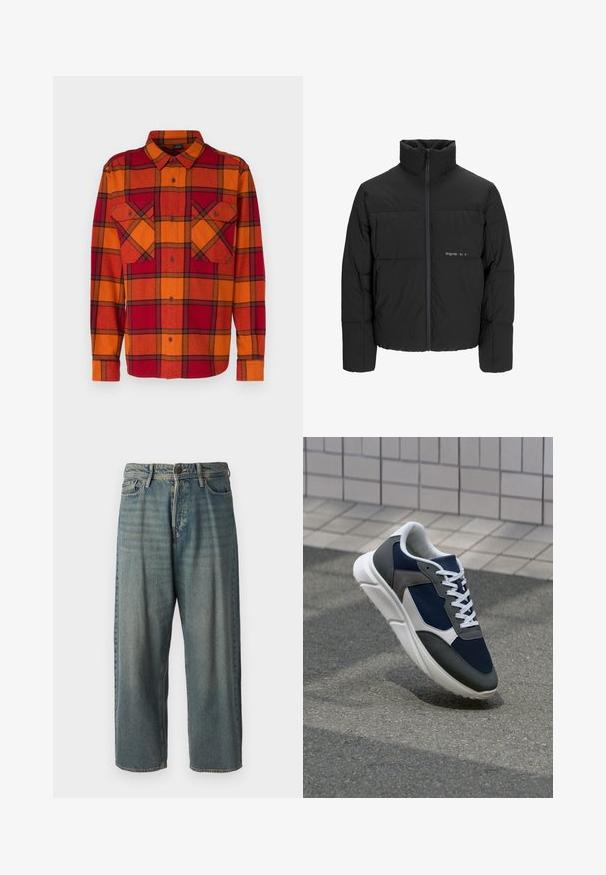 Giubbotto bomber nero con colletto alto, chiusura frontale con zip e design trapuntato. Tessuto liscio con un logo discreto sul petto.; Oakley Camicia - ginger/grenache; Jeans di denim azzurro chiaro con vestibilità ampia, vita media e gambe dritte. Presenta cinque tasche, passanti per cintura e chiusura con bottone.; Sneaker con tomaia in rete blu navy, inserti in suede grigio, suola in gomma bianca e lacci bianchi piatti, progettata per comfort e traspirabilità.