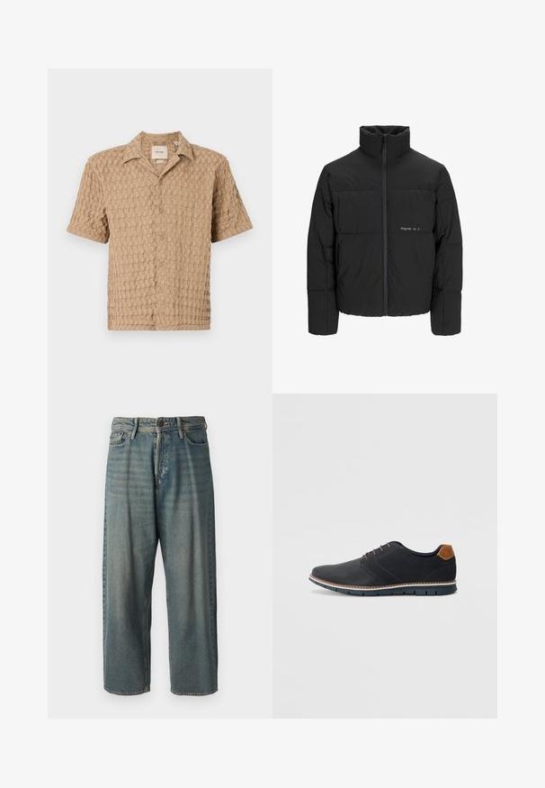 Černá péřová bunda s vysokým límcem, předním zipem a prošívaným designem. Hladká tkanina se subtilním logem na hrudi.; Kratší rukávová košile v béžové barvě s texturovaným tkaným vzorem, knoflíkovým zapínáním a límečkem. Měkká látka, uvolněný tvar, vhodná pro volný čas.; Světle modré denimové džíny s volným střihem, středně vysokým pasem a rovnými nohavicemi. Obsahují pět kapes, poutka na opasek a zapínání na knoflík.; Černé syntetické boty s texturovaným svrškem, hladkými detaily, hnědým podpatkem a kontrastní podrážkou. Obsahují minimální šněrování a švy.