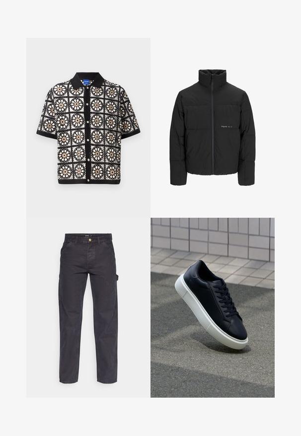 Sort dunjakke med høj krave, frontlynlås og quiltet design. Glat materiale med en diskret logo på brystet.; Kortærmet sort skjorte med indviklede hvide og beige blomster-crochet mønstre, med knaplukning foran og flad krave.; Mørkegrå cargo-bukser lavet af slidstærkt stof, med lige ben, fem lommer og en knaplukning i taljen.; Sort lædersneaker med rund tå og hvid gummisål. Har flade snørebånd og minimal syning på overdelen. Tekstureret sål for bedre greb.