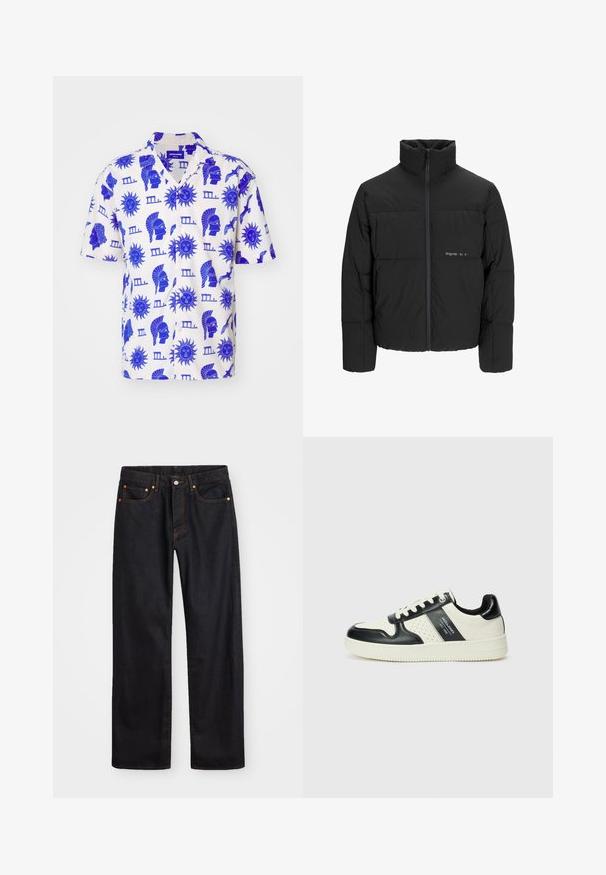 Giubbotto bomber nero con colletto alto, chiusura frontale con zip e design trapuntato. Tessuto liscio con un logo discreto sul petto.; Camicia a maniche corte leggera in tessuto crema con stampe grafiche blu di motivi solari e figure classiche, con un colletto rilassato.; Jeans neri in denim dritto da uomo con cinque tasche e cuciture arancioni, chiusura con bottone e zip sulla vita anteriore.; Sneakers in pelle con una combinazione di colori nero e crema, dotati di dettagli perforati, collare imbottito e suola testurizzata.