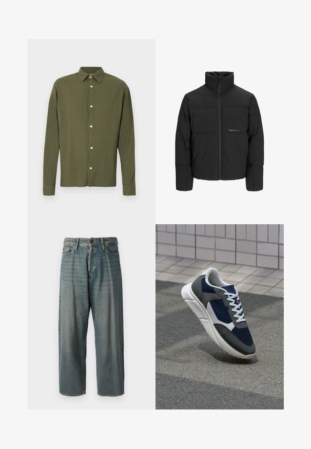 Jachetă puffer neagră, cu guler înalt, închidere cu fermoar pe față și design matlasat. Material neted cu un logo subtil pe piept.; Cămașă verde măsliniu cu mâneci lungi, nasturi și guler ascuțit, cu un model subtil de țesătură texturată, afișată pe un fundal simplu.; Jeans din denim bleu deschis, cu o croială lejeră, talie medie și picioare drepte. Au cinci buzunare, bucle pentru curea și închidere cu nasture.; Adidași cu un uppers din plasă albastră închisă, accente din suede gri, talpă din cauciuc alb și șireturi plate albe, concepuți pentru confort și respirabilitate.