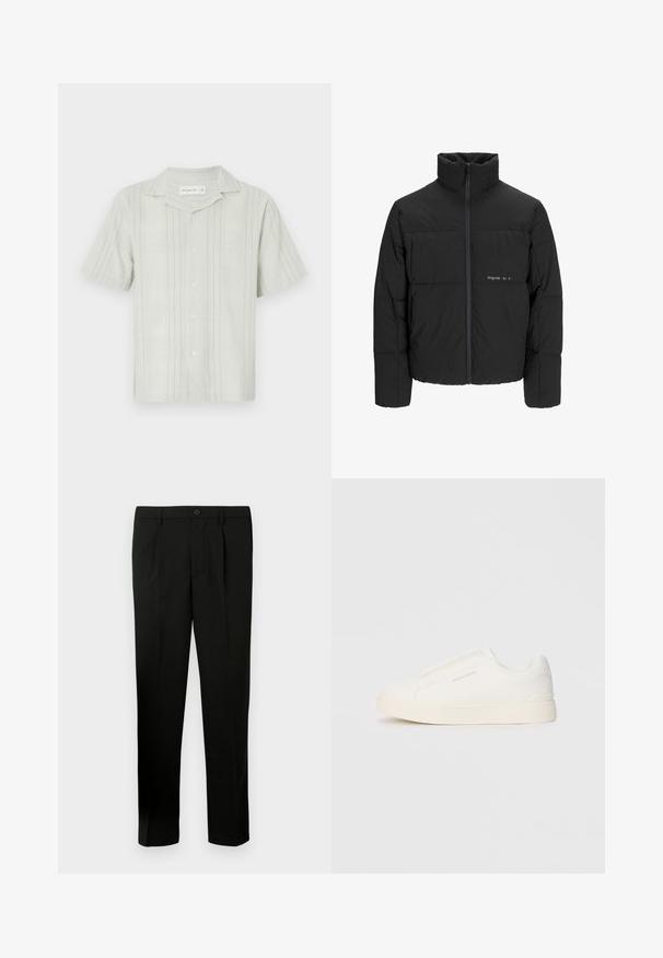 Juodas pūkinis švarkas su aukštu apykakle, priekiniais užtrauktukais ir kvadratinės siuvimo dizainu. Lygus audinys su subtiliu logotipu krūtinėje.; Šviesiai žalia trumpųjų rankovių marškinėliai, pagaminti iš tekstūruotos medžiagos, su vertikaliomis juostelėmis, stovyklos apykakle ir sagstomu priekiu.; Juoda sutekta kelnė su lygia priekiu, dviem raukšlėmis, mygtuko uždarymu, šoninėmis kišenėmis ir tiesiu pjūviu. Pagaminta iš lygaus audinio.; Baltos slip-on sportbačiai su tekstūruota paviršiumi, storesniu padu ir minimalistišku dizainu. Šone matosi prekės ženklo logotipas.