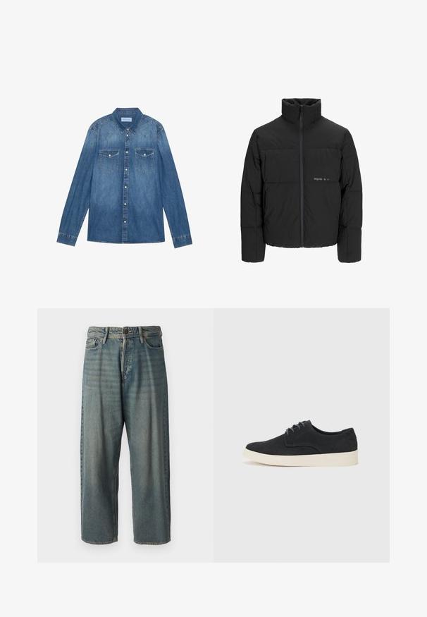 Giubbotto bomber nero con colletto alto, chiusura frontale con zip e design trapuntato. Tessuto liscio con un logo discreto sul petto.; Camicia in denim blu scuro con maniche lunghe, colletto classico, chiusura con bottoni, due tasche sul petto e cuciture a contrasto sui fianchi.; Jeans di denim azzurro chiaro con vestibilità ampia, vita media e gambe dritte. Presenta cinque tasche, passanti per cintura e chiusura con bottone.; Scarpa in suede nera con lacci, punta arrotondata, suola leggera color crema e dettagli di cucitura blu discreti sulla parte superiore.