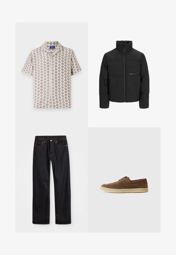 Juodas pūkinis švarkas su aukštu apykakle, priekiniais užtrauktukais ir kvadratinės siuvimo dizainu. Lygus audinys su subtiliu logotipu krūtinėje.; Šviesiai ruda ir pilka trumpomis rankovėmis marškinėliai, pasižymintys geometriniu raštu, tekstūruota paviršiumi ir su iškirpte su sagų uždarymu.; Vyrų tiesaus kirpimo juodi džinsai iš denim medžiagos, su penkiomis kišenėmis ir oranžinėmis siūlėmis, su mygtuko ir užtrauktuko uždarymu ant priekio.; Rudos zomšos batai su žemu profiliu, raišteliais, guminiais padu ir kontrastingomis siūlėmis. Paprastas ir funkcionalus stilius.