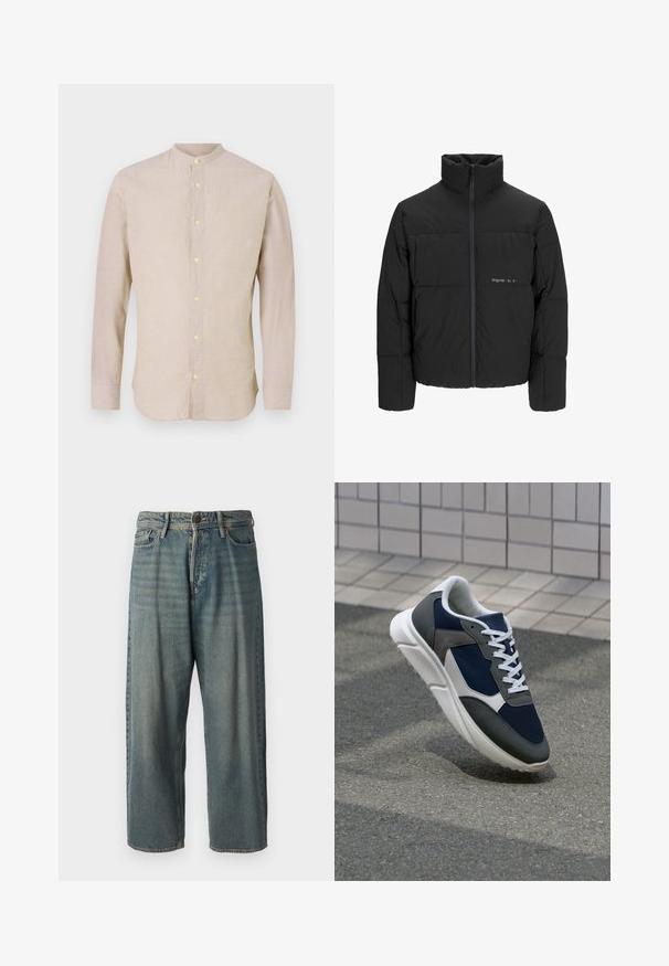 Juodas pūkinis švarkas su aukštu apykakle, priekiniais užtrauktukais ir kvadratinės siuvimo dizainu. Lygus audinys su subtiliu logotipu krūtinėje.; Ilgomis rankovėmis, mygtukais užsegama marškiniai iš šviesiai žalios medžiagos, su mandarinų apykakle ir geltonais mygtukais. Lygus paviršius ir pritaikytas siluetas.; Šviesiai mėlyni džinsai su laisvu siluetu, vidutinio aukščio juosmeniu ir tiesiomis kojomis. Su penkiais kišenėmis, diržo kilpo ir mygtukų uždarymu.; Sportiniai bateliai su tamsiai mėlynu tinkliniu viršumi, pilkais zomšiniais akcentais, balta guma padanga ir plokščiomis baltomis raištelėmis, sukurti komfortui ir oro pralaidumui.