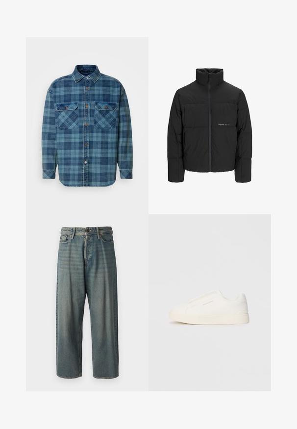 Crna puffer jakna s visokim ovratnikom, prednjim zatvaračem i kviltanim dizajnom. Glatka tkanina s suptilnim logotipom na prsima.; Plava flanel košulja s kariranim uzorkom u raznim nijansama plave, s kopčanjem sprijeda, ovratnikom i dva džepa na prsima.; Svijetloplave traperice s širokim krojem, srednjim pojasom i ravnim nogavicama. Ima pet džepova, petlje za remen i kopčanje na gumb.; Bijele slip-on tenisice s teksturiranom površinom, debelim đonom i minimalističkim dizajnom. Sadrže logo branda sa strane.