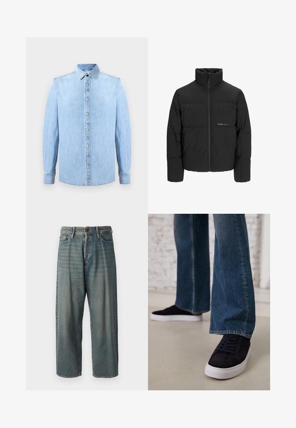 Melnā pūka jaka ar augstu apkakli, priekšējo rāvējslēdzēju un quilted dizainu. Gluda auduma virsma ar maigu logotipu uz krūšu daļas.; Gai zils džinsa krekls ar gariem piedurknēm, pogu aizdari priekšpusē un klasisku apkakli. Iezīmē gludu tekstūru un izšūšanas akcentus.; Gaiši zili džinsi ar brīvu piegriezumu, vidējo jostas augstumu un taisnām kājām. Satur piecas kabatas, jostas cilpas un pogu aizdari.; Tumši zilas zamšādas sporta kurpes ar baltu gumijas zoli un šņorēm, apvienotas ar platām kājām džinsu biksēm vidēji zila nomazgātā tonī.