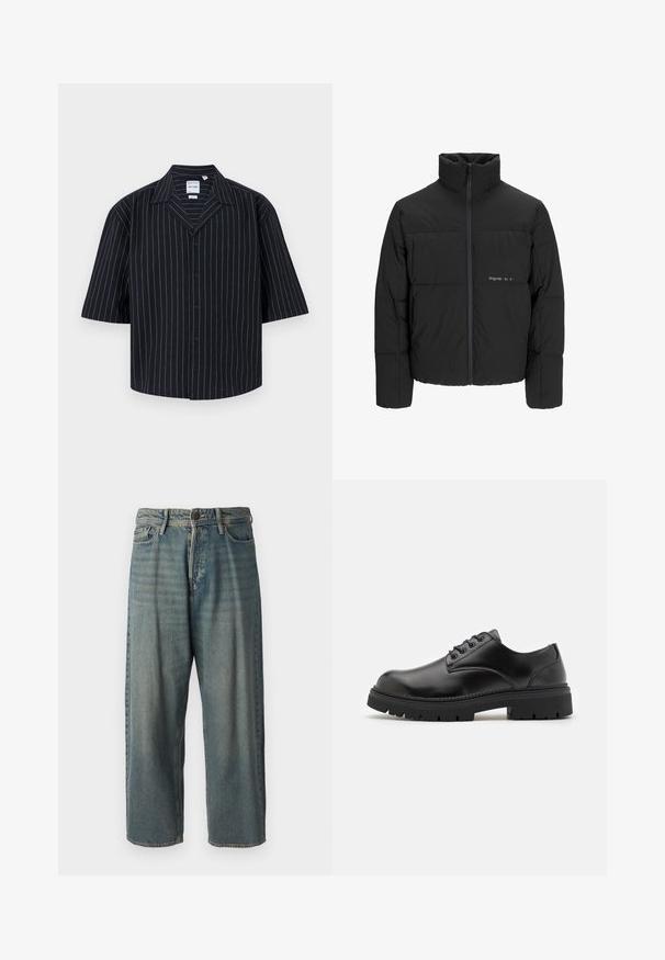 Črni pufast plašč z visokim ovratnikom, sprednjim zadrgo in prešitjem. Gladka tkanina z diskretnim logotipom na prsih.; Kratka majica s kratkim rukavima u tamnom platnu s vertikalnimi črtami svetlih tonov. Ima sprednje gumbe in klasičen ovratnik.; Svetlomoderne kavbojke z ohlapnim krojem, srednjim pasom in ravnimi nogami. Imajo pet žepov, zanke za pas in zapiranje na gumb.; Črne usnjene čevlje s podolgovatim prstom, z vezalnim dizajnom in debelim, teksturiranim gumijastim podplatom. Imajo šivanje ob robu in gladko površino.