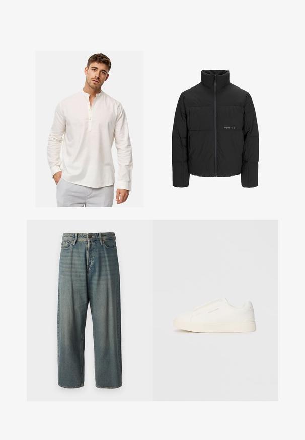 Black puffer jacket featuring a high collar, front zip closure, and quilted design. Smooth fabric with a subtle logo on the chest.; Long-sleeve, white linen shirt with a band collar and button placket. Soft texture with a relaxed fit and rounded hem detailing.; Light blue denim jeans with a loose fit, mid-rise waist, and straight legs. Features five pockets, belt loops, and a button closure.; White slip-on sneakers with a textured surface, a thick sole, and minimalistic design. Features brand logo on the side.