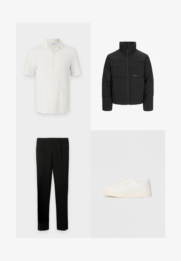 Svart boblejakke med høy krage, frontåpning med glidelås og kviltet design. Glatt stoff med en subtil logo på brystet.; Kortermet skjorte i strukturert hvit stoff, med spredt krage, knappefront og subtil bølget mønster over overflaten.; Svarte skreddersydde bukser med flat foran, to folder, knappelukking, sidelommer og rette ben. Laget av et glatt stoff.; Hvite slip-on joggesko med teksturert overflate, tykk såle og minimalistisk design. Har merkevarelogo på siden.