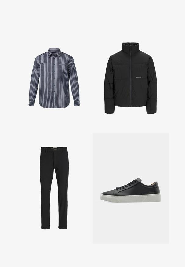 Czarna kurtka puchowa z wysokim kołnierzem, z przodu na zamek błyskawiczny i pikowanym wzorem. Gładki materiał z subtelnym logo na piersi.; Pasiasta koszula z długim rękawem w ciemnoniebieskim kolorze z jasnoróżowymi i białymi pionowymi liniami. Ma kołnierzyk oraz detal w postaci kieszonki na piersi.; Czarne spodnie z bawełnianego materiału w slim fit, z zapięciem na guzik, kieszeniami i podwiniętymi mankietami, co nadaje im swobodny charakter.; Czarne skórzane sneakersy o gładkiej fakturze, okrągłym nosku i czarnych sznurowadłach. Posiadają grubą, białą gumową podeszwę z subtelnymi akcentami geometrycznymi.