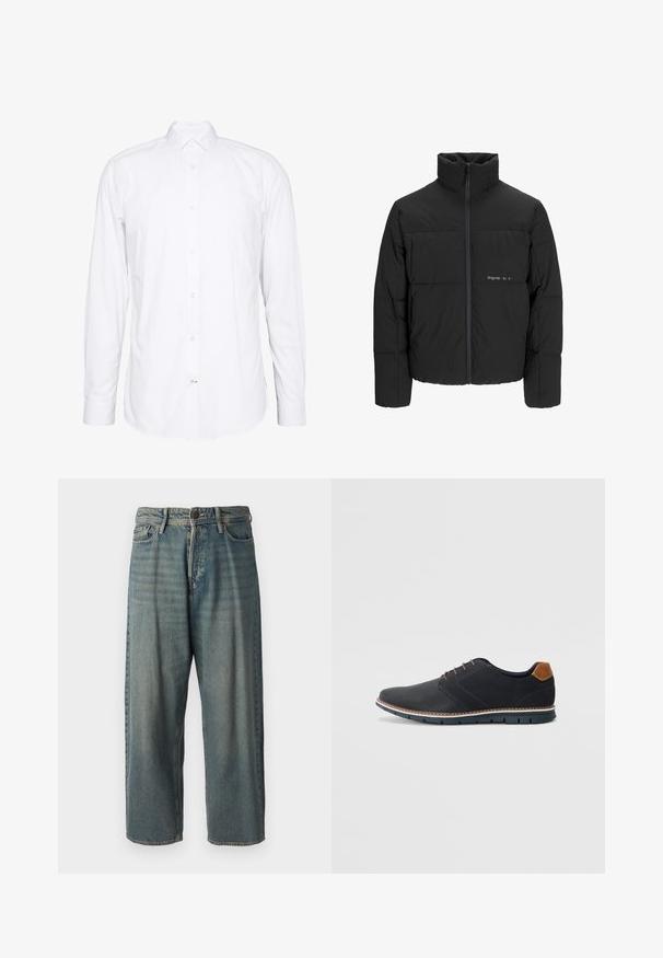 Črni pufast plašč z visokim ovratnikom, sprednjim zadrgo in prešitjem. Gladka tkanina z diskretnim logotipom na prsih.; Bela srajca z dolgimi rokavi iz bombaža. Ima ovratnik, sprednje zapiranje z gumbi in manšete z enim gumbom. Gladke teksture, čistega dizajna.; Svetlomoderne kavbojke z ohlapnim krojem, srednjim pasom in ravnimi nogami. Imajo pet žepov, zanke za pas in zapiranje na gumb.; Črne sintetične čevlje z teksturirano zgornjščino, gladkimi akcenti, rjavim petnim delom in kontrastnim podplatom. Imajo minimalno vezanje in detajle šivanja.