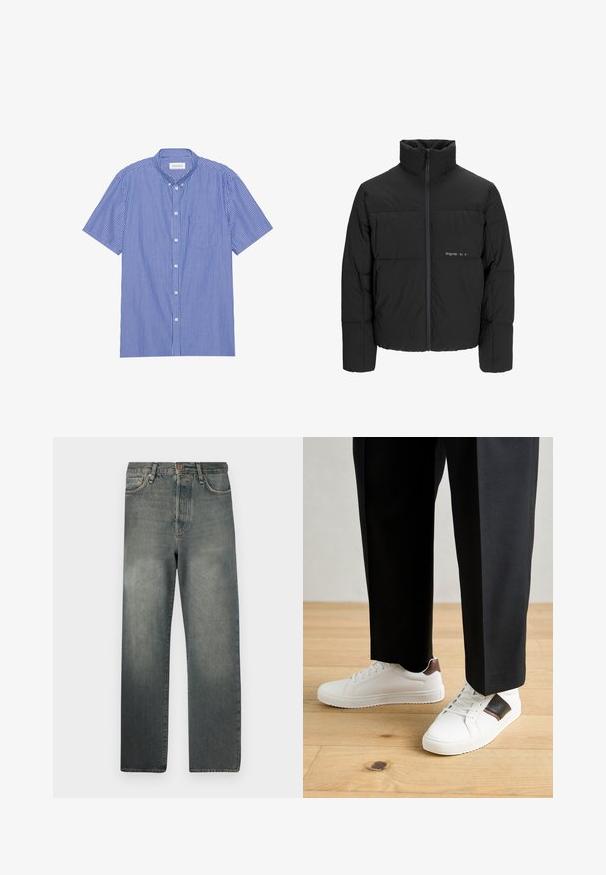 Schwarze Pufferjacke mit hohem Kragen, Front-Reißverschluss und gestepptem Design. Glattes Material mit dezentem Logo auf der Brust.; Kurzarm-Hemd mit Knopfleiste in blau-weißen vertikalen Streifen. Verfügt über einen spitzen Kragen und eine Brusttasche. Hergestellt aus leichtem Stoff.; Jack & Jones JJIALEX JJCOOPER - Baggy Jeans - black denim; Weiße Sneakers mit glatter Textur, versehen mit braunen Lederakzenten und schwarzen Details, kombiniert mit schwarzen maßgeschneiderten Hosen. Hintergrund aus Holzboden.