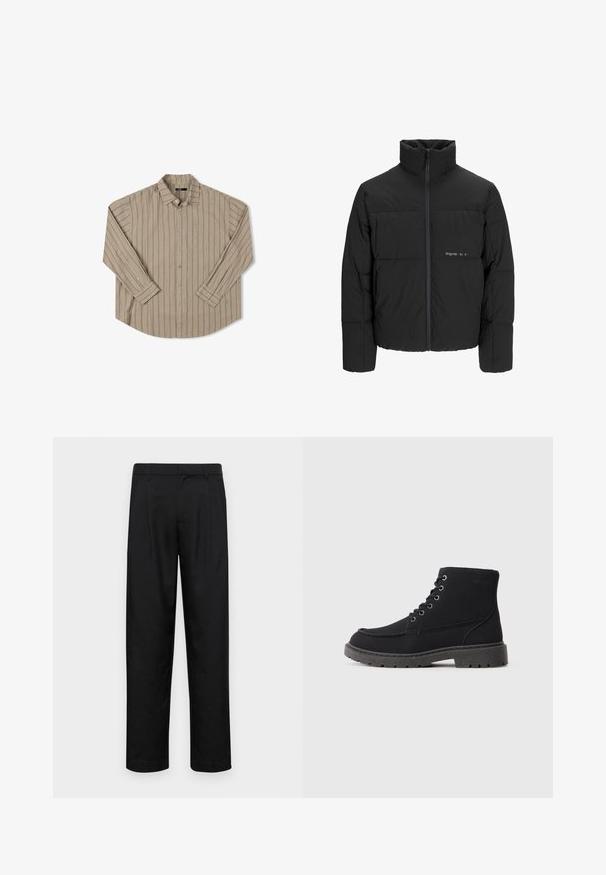 Giubbotto bomber nero con colletto alto, chiusura frontale con zip e design trapuntato. Tessuto liscio con un logo discreto sul petto.; Camicia beige a maniche lunghe con righe verticali, taschino sul petto, colletto button-down e orlo arrotondato. Tessuto dalla texture liscia.; Pantaloni neri realizzati in tessuto liscio, caratterizzati da un taglio dritto, due pieghe frontali e una vita standard con passanti per la cintura.; Stivaletti neri in camoscio e materiale sintetico. Punta arrotondata, sei occhielli con lacci metallici, suola spessa in gomma e dettaglio testuale minimale.