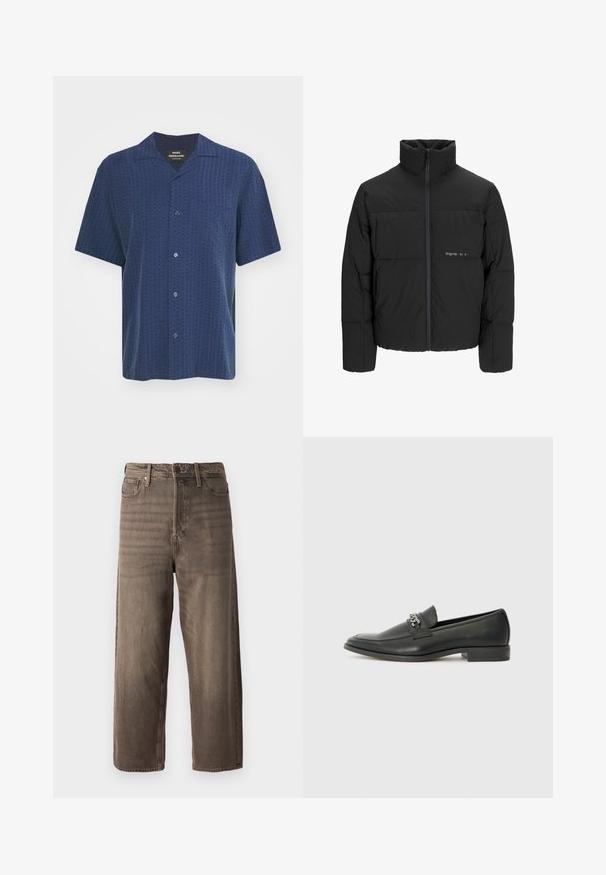 Černá péřová bunda s vysokým límcem, předním zipem a prošívaným designem. Hladká tkanina se subtilním logem na hrudi.; Košile s krátkým rukávem v tmavě modré barvě s texturovaným vzorem, s knoflíkovou přední částí a límcem ve stylu camp. Obsahuje jednu náprsní kapsu a hladký materiál.; Hnědé široké džíny vyrobené z denimu. Mají zip, poutka na opasek a pět kapes. Látka má vybledlý, texturovaný vzhled.; Černé kožené mokasíny s hladkým povrchem, s prošívaným designem a dekoračním kovovým řetízkem přes nárt. Plochý podpatek.