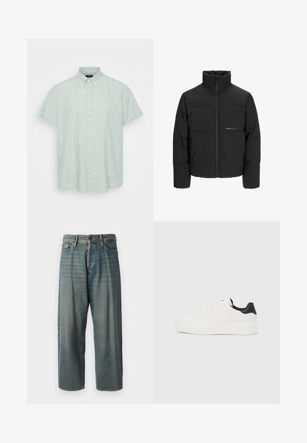 Črni pufast plašč z visokim ovratnikom, sprednjim zadrgo in prešitjem. Gladka tkanina z diskretnim logotipom na prsih.; Svetlo zelena kratkoročna majica iz teksturirane tkanine. Ima ovratnik na gumbe, sprednje zapiranje na gumbe in majhen grb na prsih.; Svetlomoderne kavbojke z ohlapnim krojem, srednjim pasom in ravnimi nogami. Imajo pet žepov, zanke za pas in zapiranje na gumb.; Beli usnjeni superge z embosiranim vzorcem, teksturiranimi belimi srednjimi podplati in črnim poudarkom na peti. Imajo zaobljen nos in ravne vezalke.