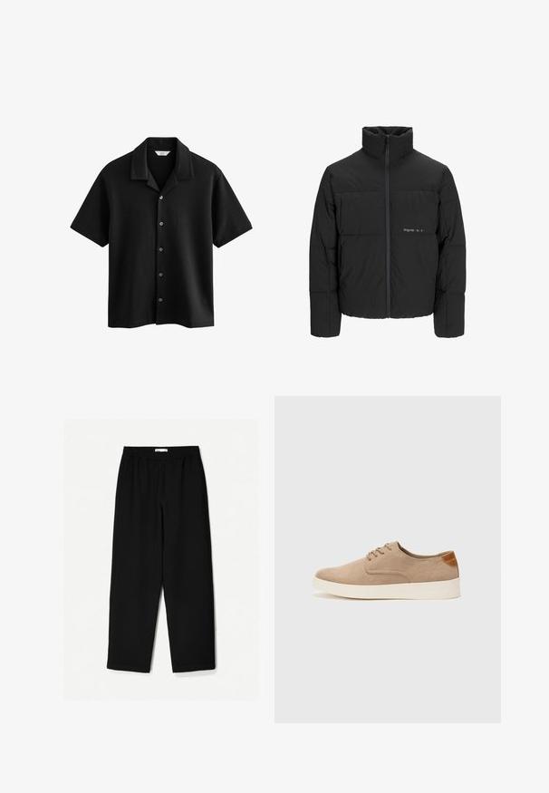 Czarna kurtka puchowa z wysokim kołnierzem, z przodu na zamek błyskawiczny i pikowanym wzorem. Gładki materiał z subtelnym logo na piersi.; Next - Koszula; Czarne, szerokie spodnie wykonane z lekkiego materiału. Posiadają elastyczny pasek w talii oraz gładką teksturę. Brak widocznych wzorów czy elementów metalowych.; Beżowe zamszowe sneakersy z okrągłym noskiem, sznurowanym przodem i teksturowanym akcentem na tyle. Biała gumowa podeszwa tworzy kontrast. Prosty i nowoczesny design.