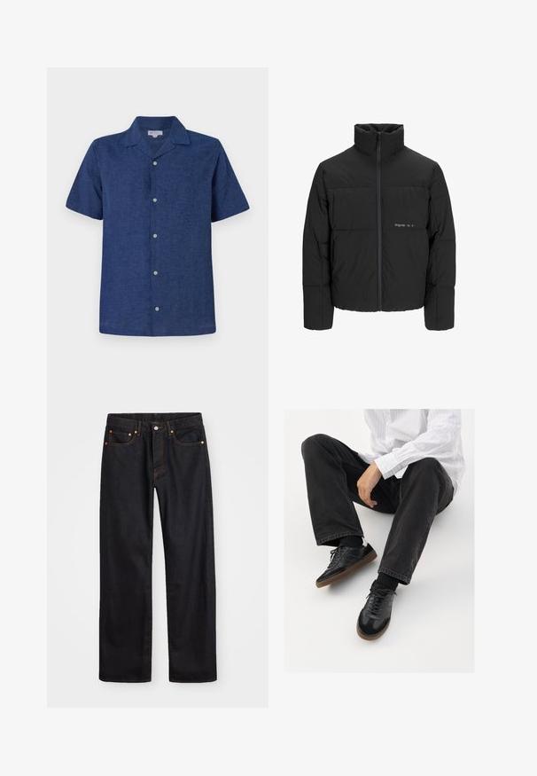 Črni pufast plašč z visokim ovratnikom, sprednjim zadrgo in prešitjem. Gladka tkanina z diskretnim logotipom na prsih.; Kratka majica s kratkimi rokavi, temno modra, iz zračnega materiala, s ovratnikom, delujočimi gumbi in rahlo teksturirano površino.; Moške črne kavbojke ravnega kroja z petimi žepi in oranžnim šivanjem, z gumbom in zadrgo na sprednjem pasu.; Črne superge z gladkim in strukturiranim zgornjim delom, ki vključuje gumijast podplat in temne vezalke. Uvrščene so z štručasto črnimi kavbojkami in belo črtasto majico.