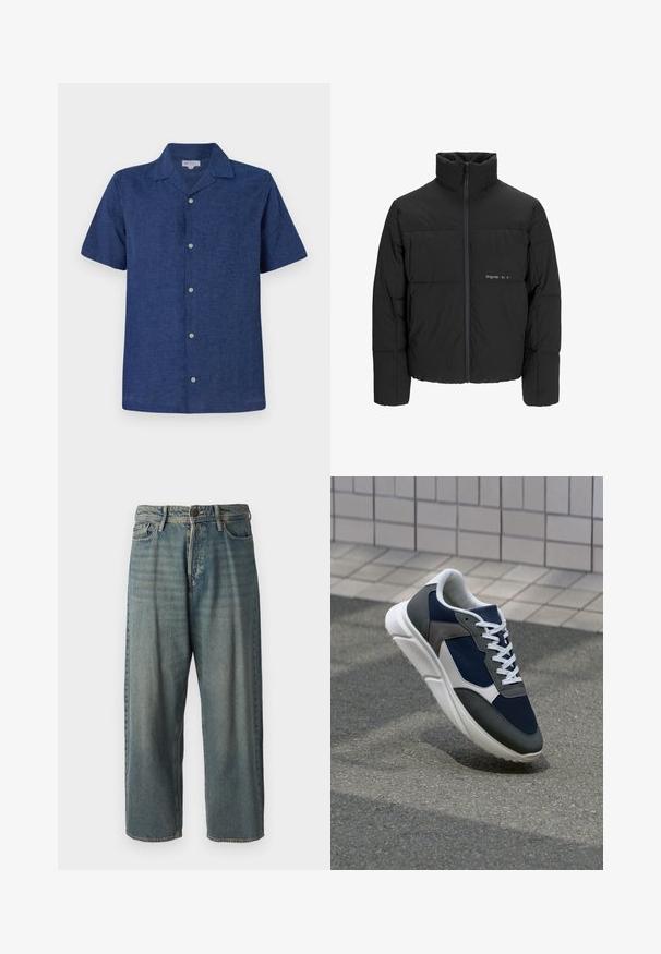 Doudoune noire avec un col haut, fermeture éclair sur le devant et design matelassé. Tissu lisse avec un logo subtil sur la poitrine.; Chemise à manches courtes, bleu marine, en tissu respirant, avec un col, des boutons fonctionnels et une finition légèrement texturée.; Jeans en denim bleu clair avec une coupe ample, taille mi-haute et jambes droites. Comprend cinq poches, des passants de ceinture et une fermeture à bouton.; Baskets avec une tige en mesh bleu marine, des accents en suède gris, une semelle en caoutchouc blanc et des lacets plats blancs, conçues pour le confort et la respirabilité.
