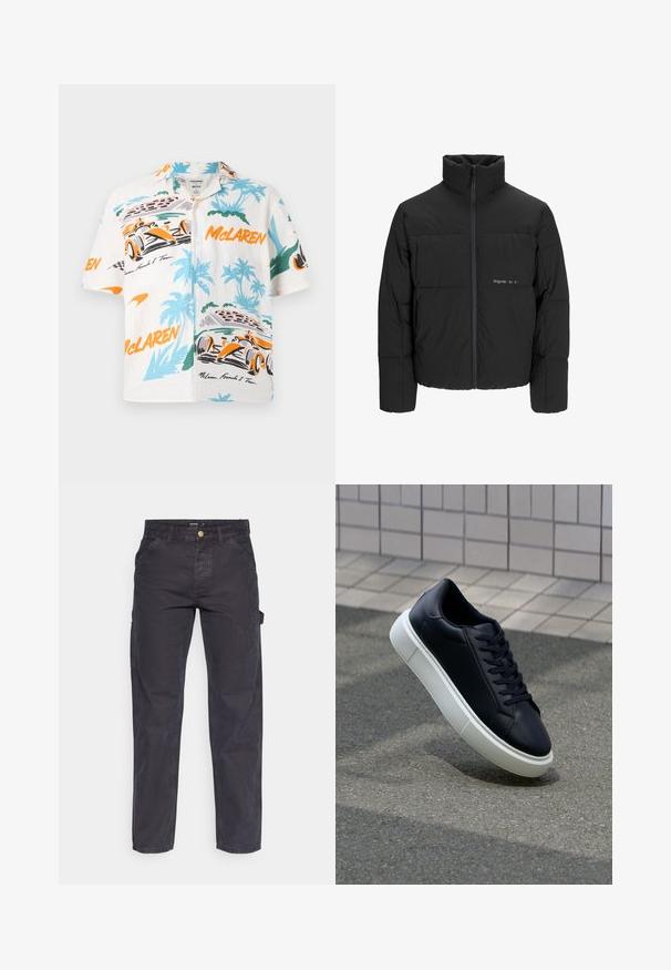 Černá péřová bunda s vysokým límcem, předním zipem a prošívaným designem. Hladká tkanina se subtilním logem na hrudi.; Krátký rukáv, bílá košile s živými grafikami závodního vozu McLaren F1 v oranžové, zelené a modré barvě, doplněná vzory palmových stromů a závodní dráhy.; Tmavě šedé cargo kalhoty vyrobené z odolné látky, s rovnými nohavicemi, pěti kapsami a knoflíkovým zapínáním v pase.; Černé kožené tenisky s kulatou špičkou a bílou gumovou podrážkou. mají ploché tkaničky a minimální šití na svršku. Texturovaná podrážka pro lepší přilnavost.